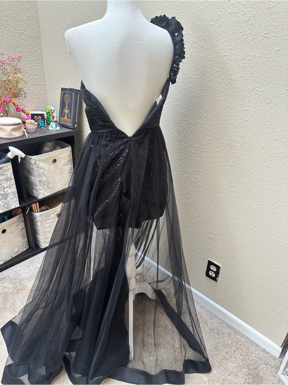 Sheer Tulle Sequin Maxi Dress One Shoulder Formal Event Gown Black Tie Sz 4 Prom - Picture 5 of 11
